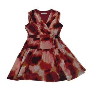 Taylor XL Sleeveless Belted Red & Multicolor Tie-Dye Wrap Dress With Pleated Ski